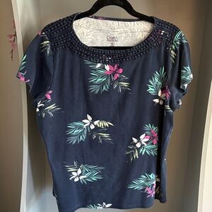 Croft & Barrow Dark Blue Tropical Print Short Sleeve Top